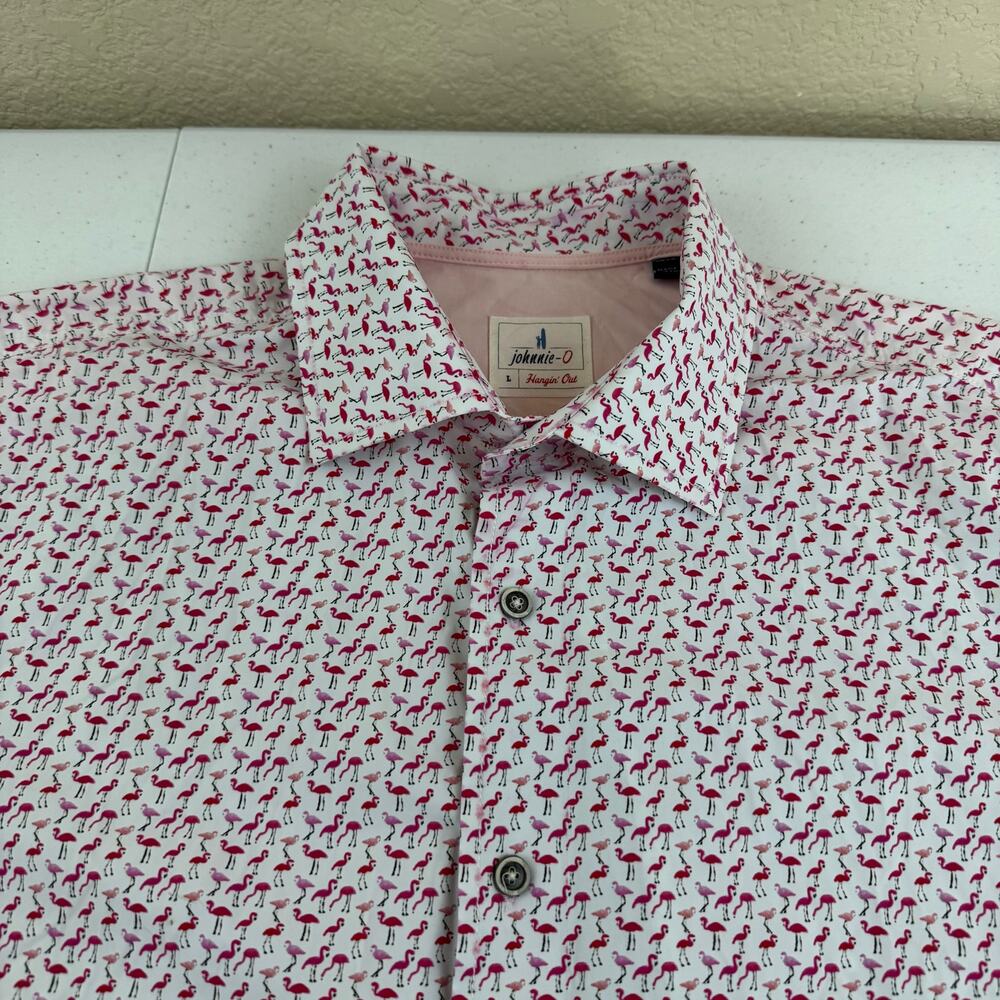 Johnnie-O Shirt Mens Size L Bahama Mama Flamingo Fritz Golf Button Front